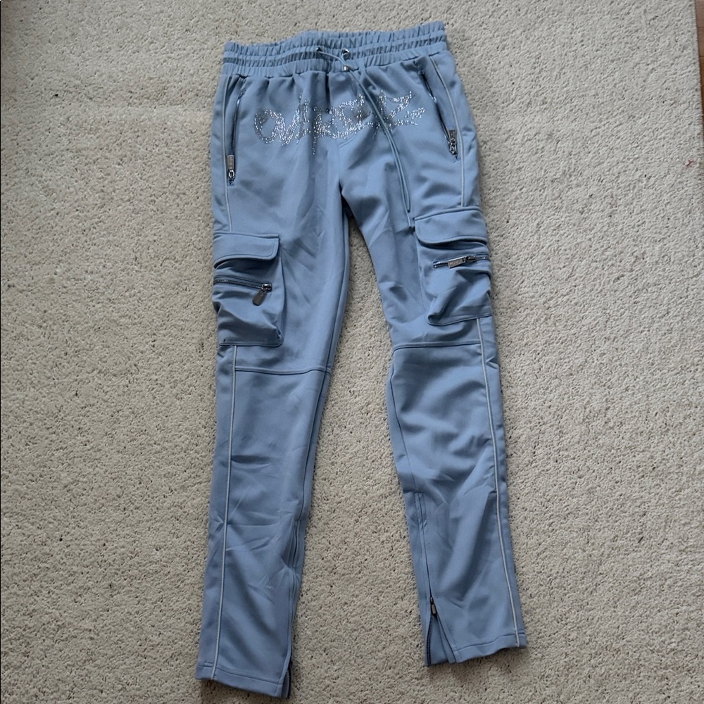 Guapi light Blue Cargo Joggers with Rhinestone Detail